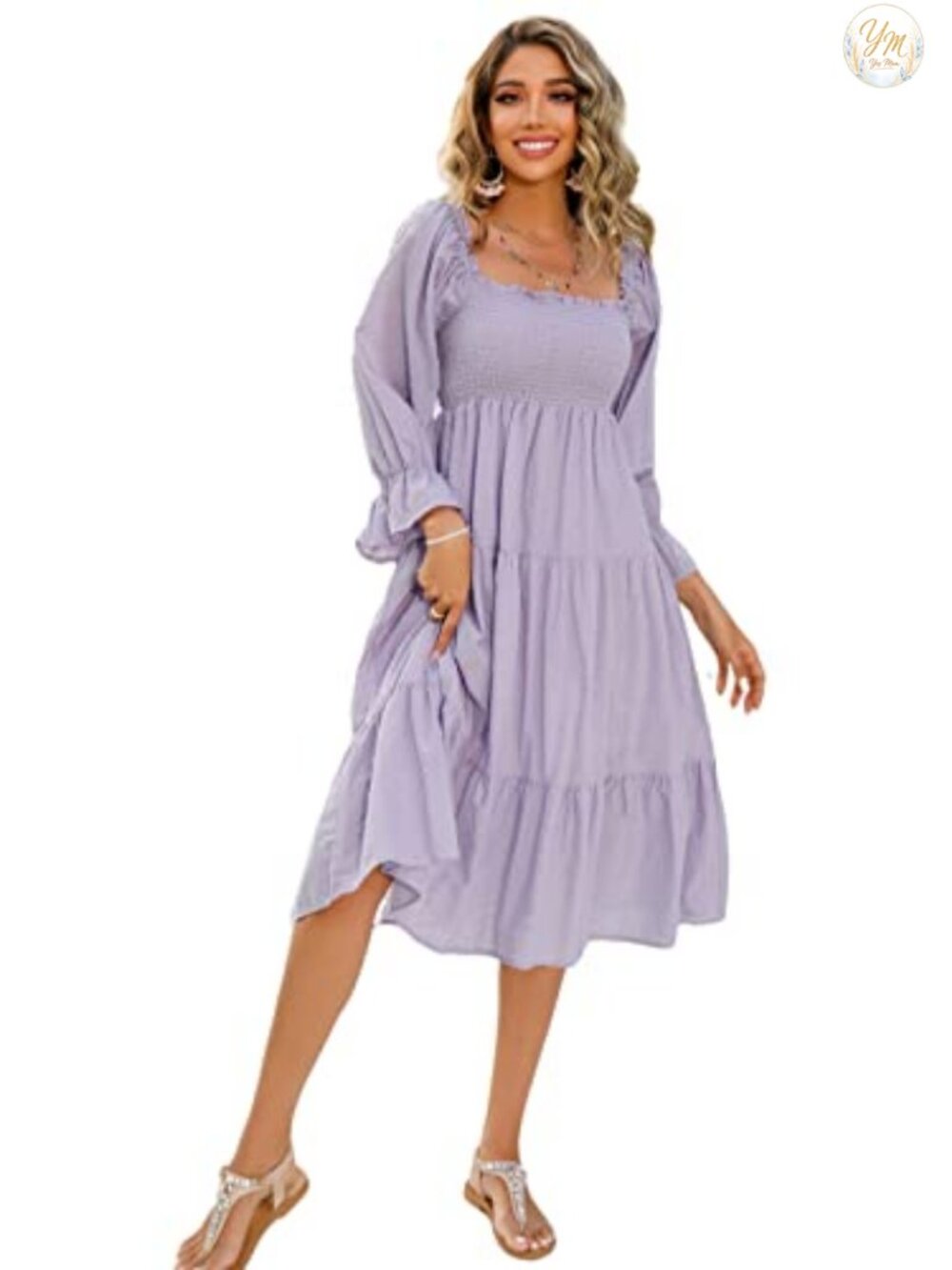 Puff Sleeve Off-Shoulder Polka Dot Midi Dress A-Line Back Bow Tie